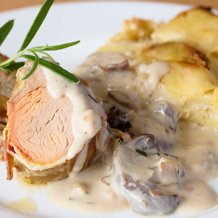 Tenderloin of Free Range Pork with a Wild Mushroom Madeira and Tarragon Cream