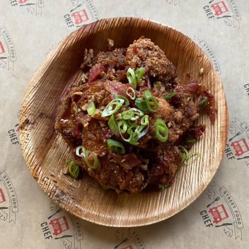 Wings Topped with Maple-Candied Pecans and Bacon